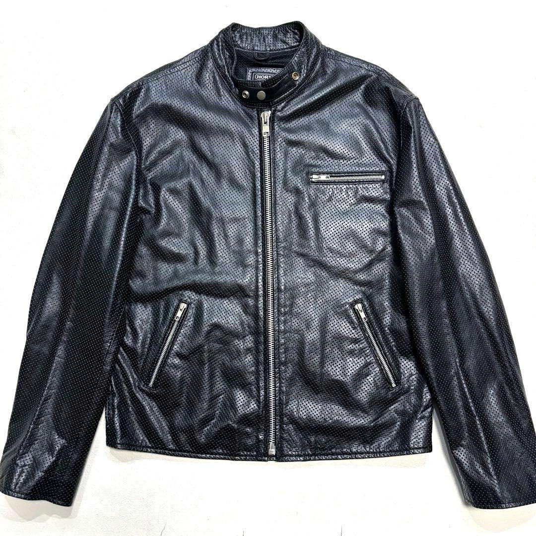 5L 美品 黒 ホーンワークス パンチング メッシュ ライダース ジャケット