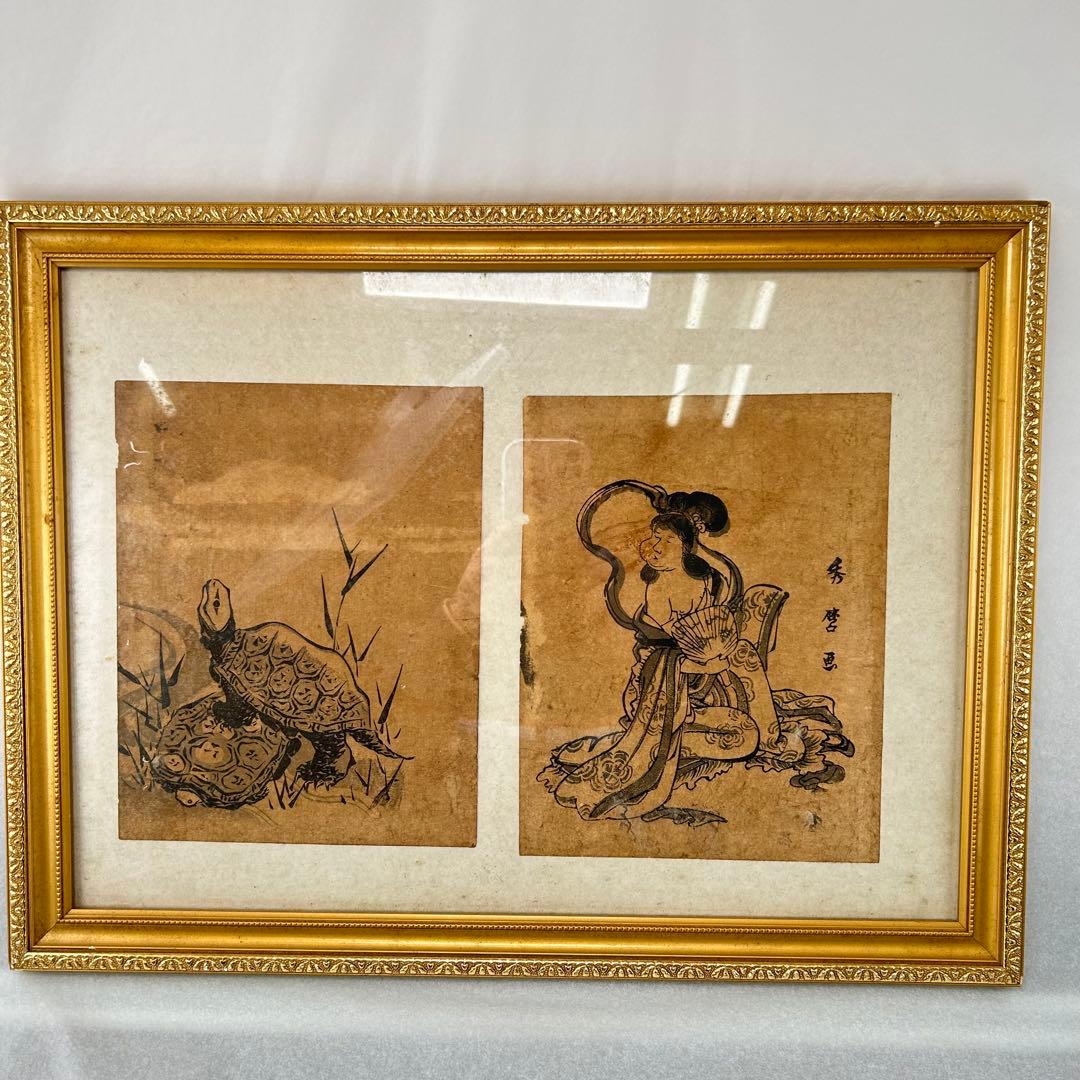 木版画 亀と女性 金色フレーム付き
