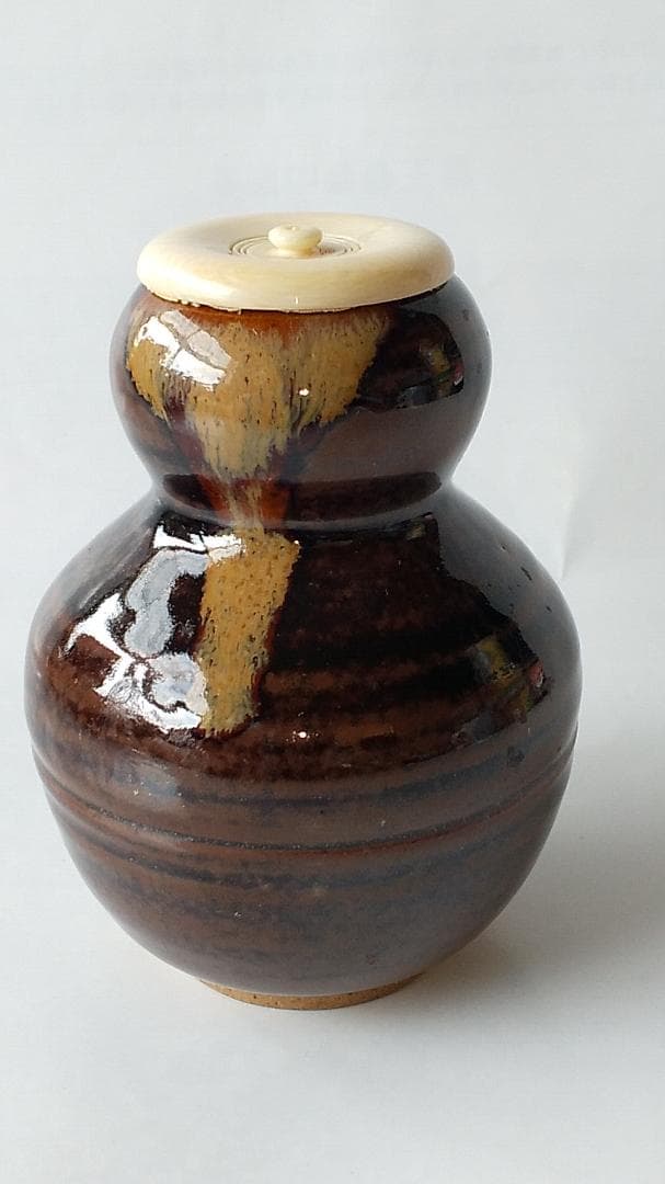 膳所焼 岩崎新定 作春慶瓢箪写 茶入 淡海ぜぜ 陽炎園 表千家 尋牛斎 極 新品