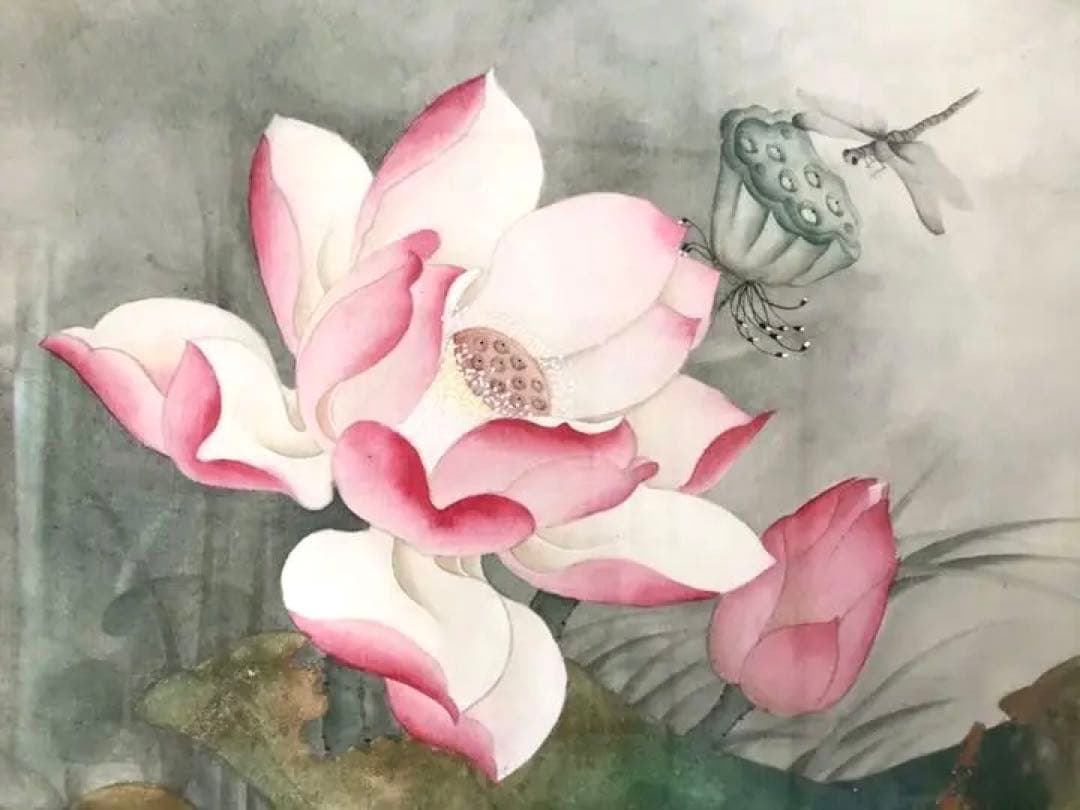 送料無料　手描き 原画 【荷花】落款　サイン有り