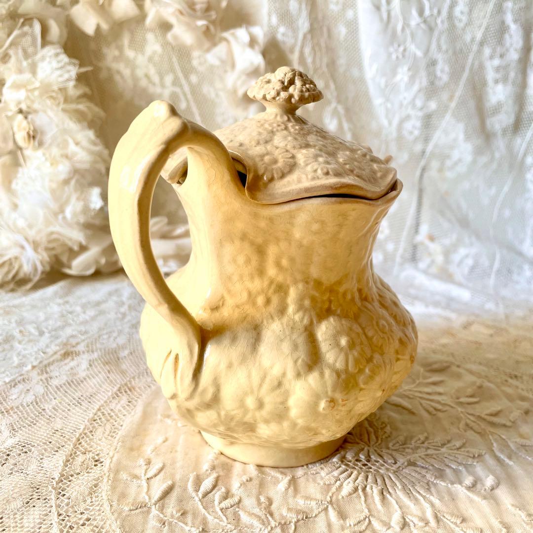 【希少】マーガレットレリーフ蓋付きピシェ ボルドー窯　フランスアンティーク