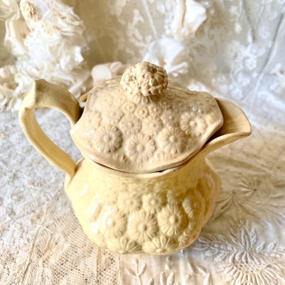 【希少】マーガレットレリーフ蓋付きピシェ ボルドー窯　フランスアンティーク