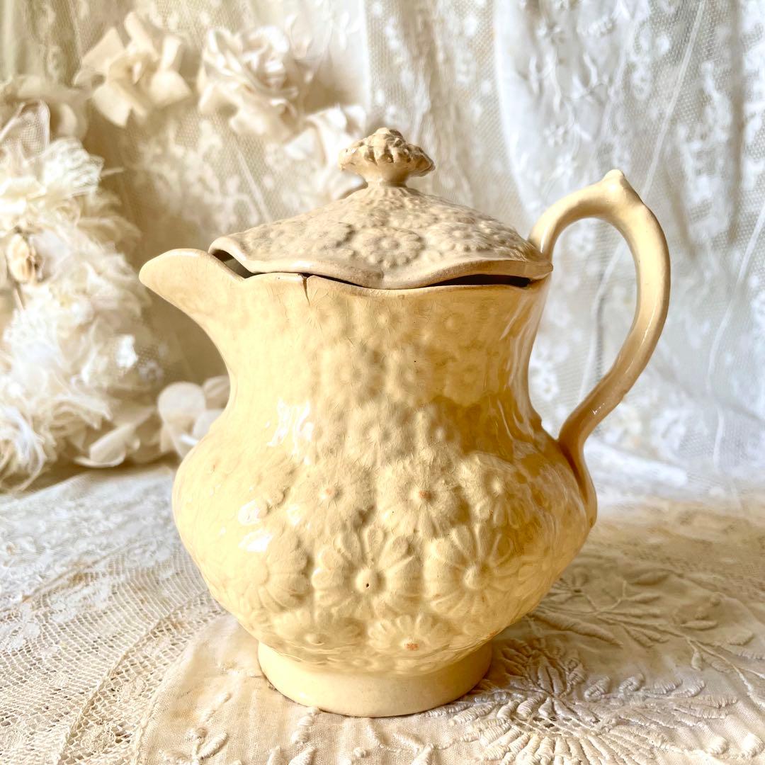 【希少】マーガレットレリーフ蓋付きピシェ ボルドー窯　フランスアンティーク