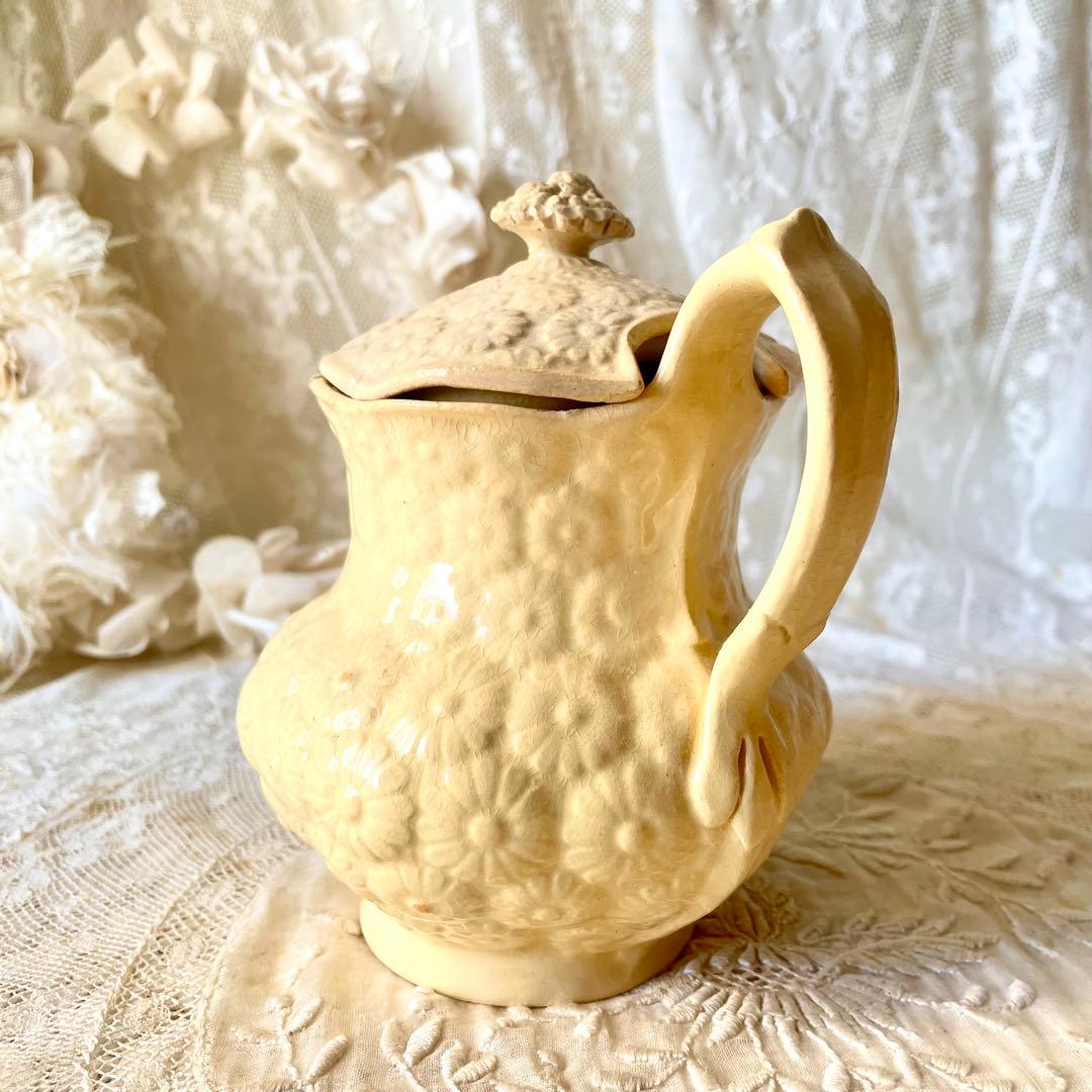 【希少】マーガレットレリーフ蓋付きピシェ ボルドー窯　フランスアンティーク