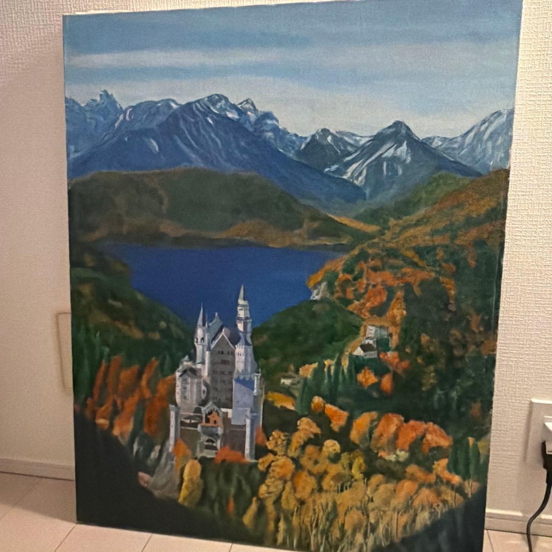 油彩画 城と山の風景