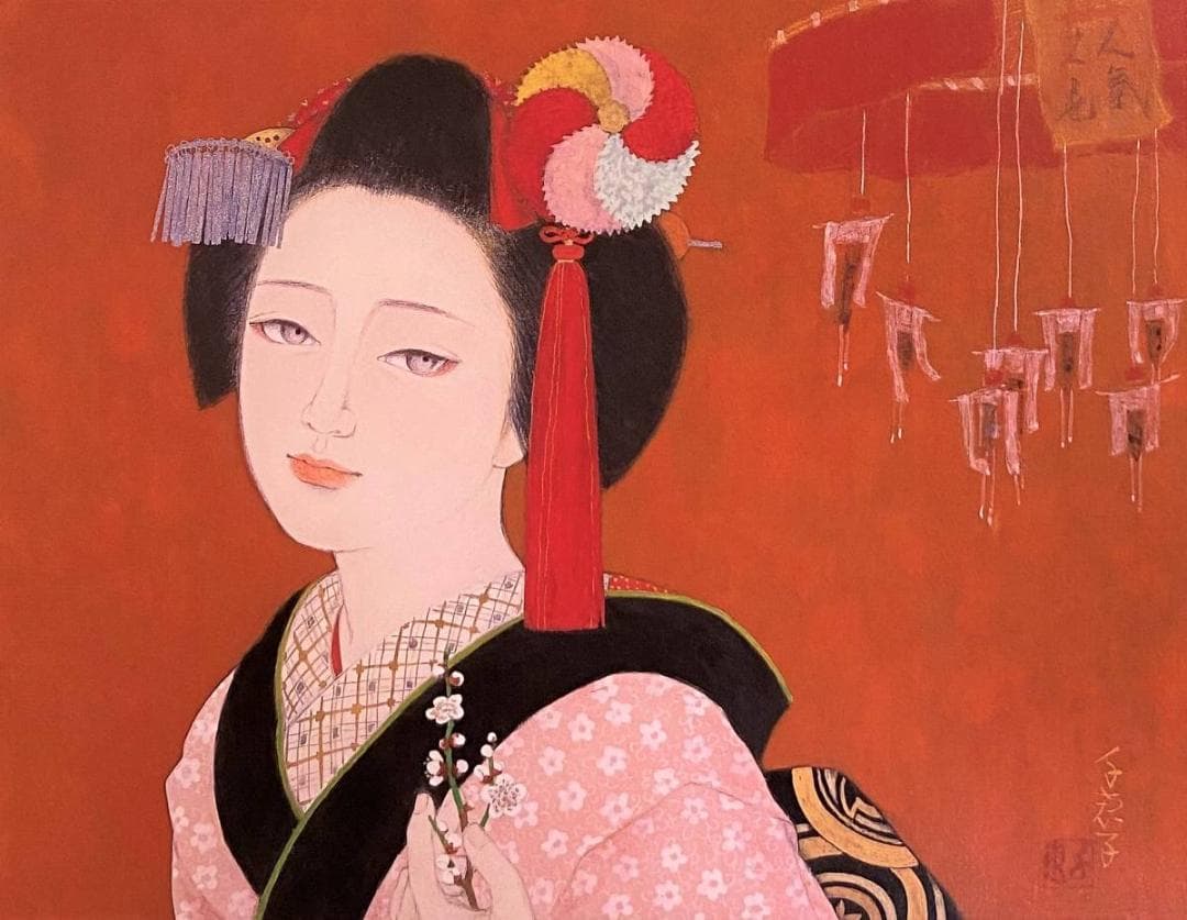 皆川千恵子、【節分】、希少な額装用画集より、新品額装付、状態良好