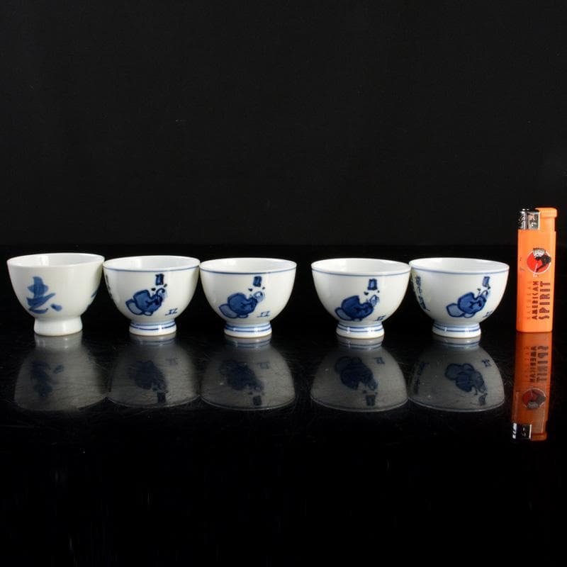 京焼　平安　輝山造　松泉造　染付　漢詩文　煎茶碗　5客まとめて　C　6018