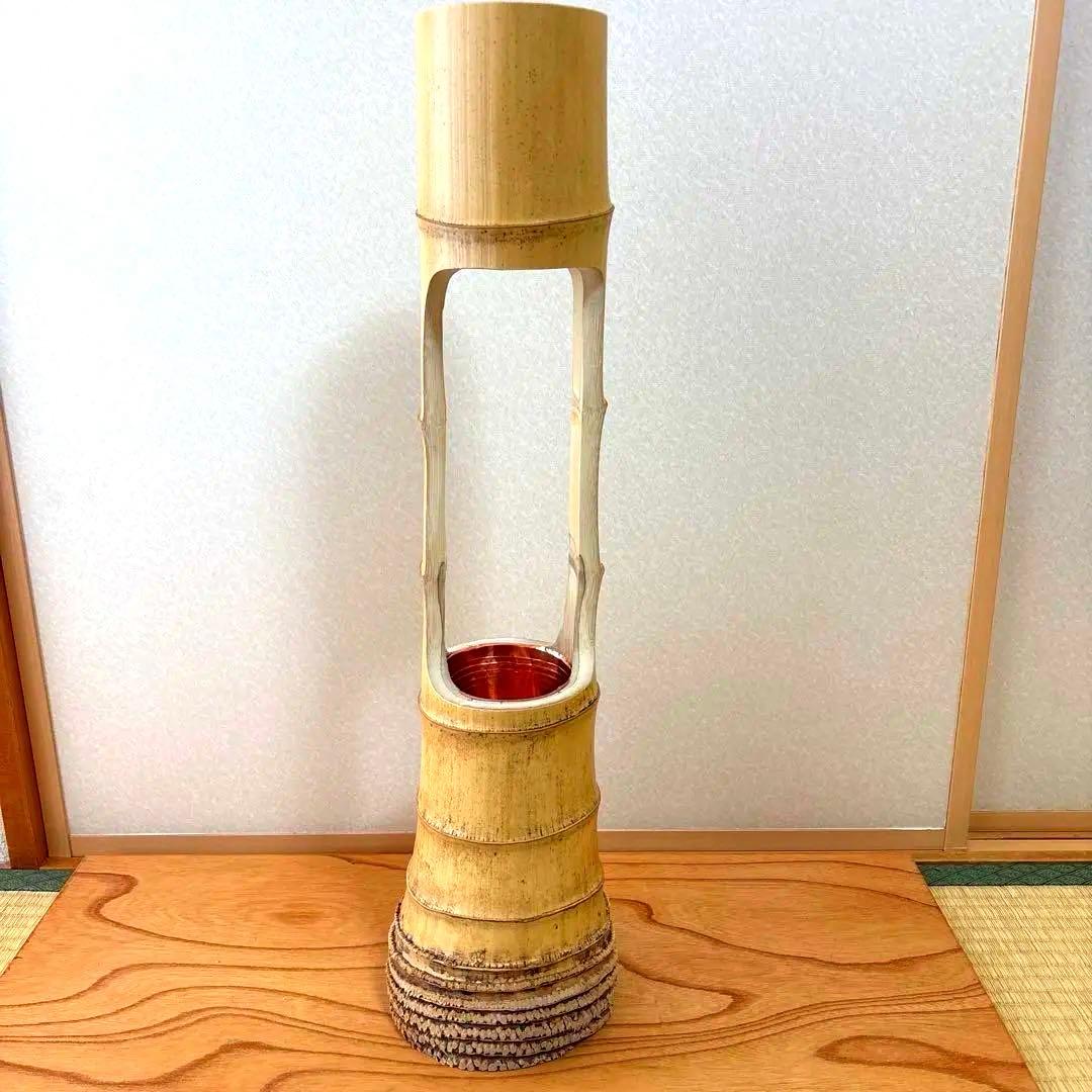 66 お正月セール　美品　根付き　二重切り　二重切　 生け花　竹花入れ　華道具