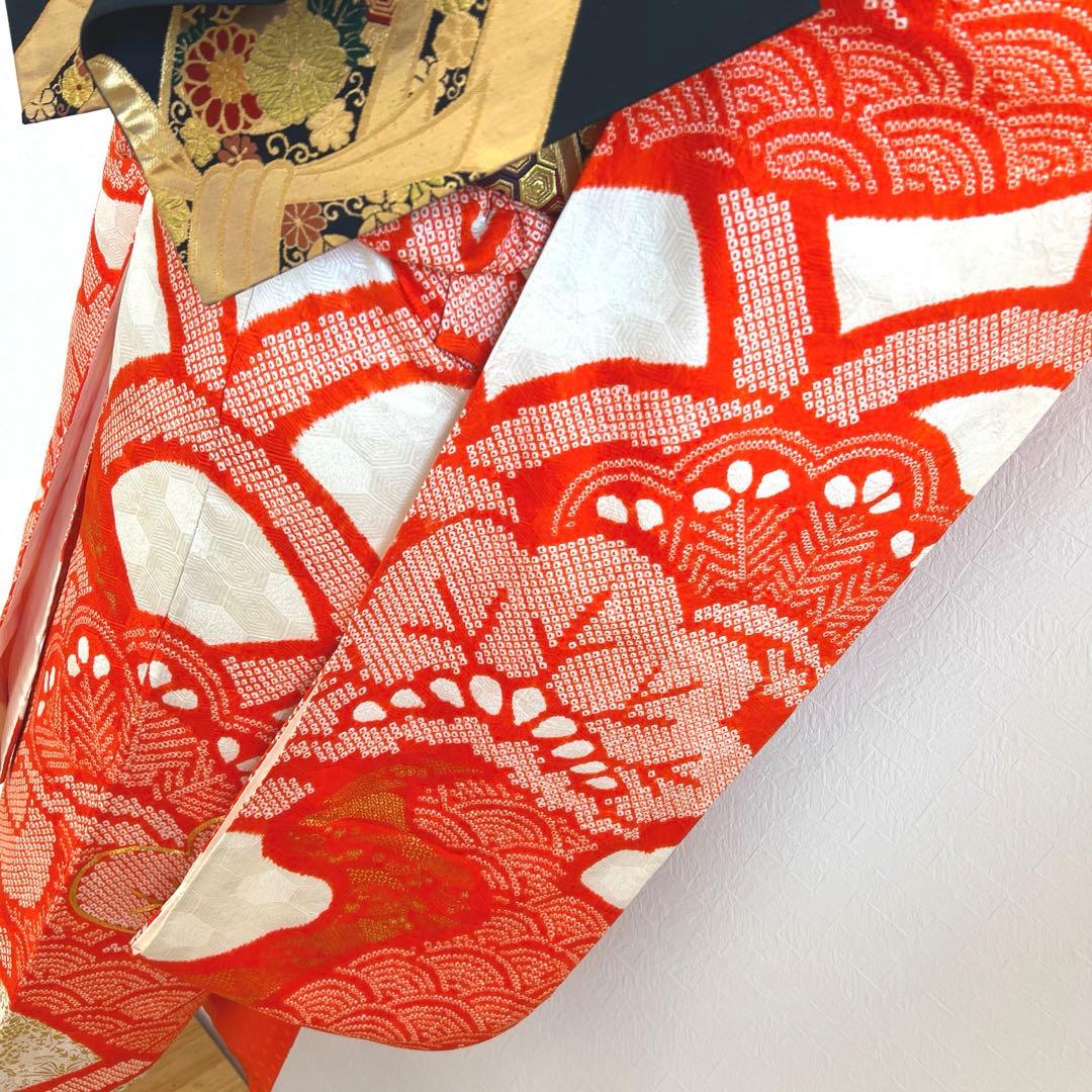 484 振袖フルセット 正絹 朱赤 オレンジ 紅白 絞り 駒刺繍 レトロ 松文