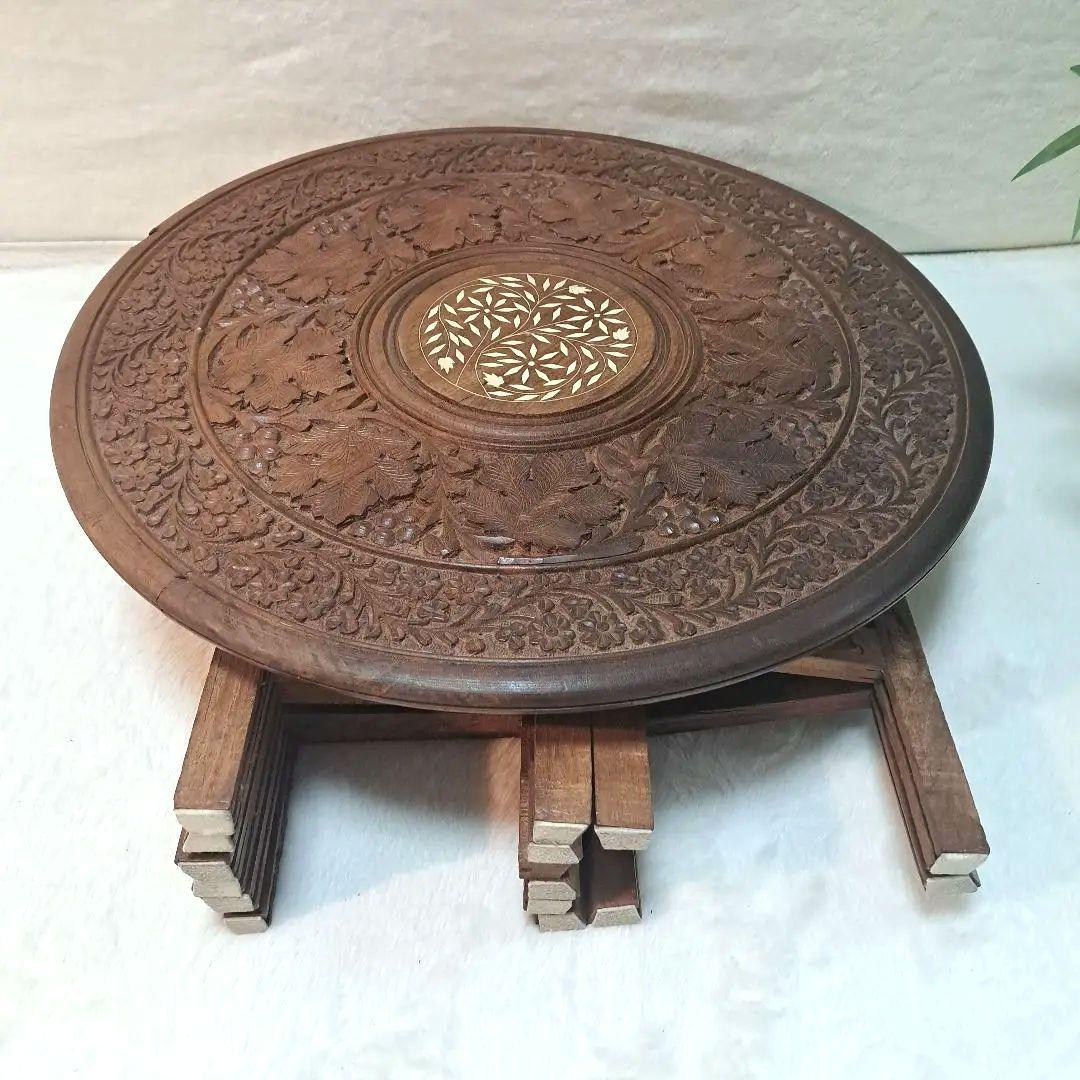 手彫り 木製 サイドテーブル 花台 八角形