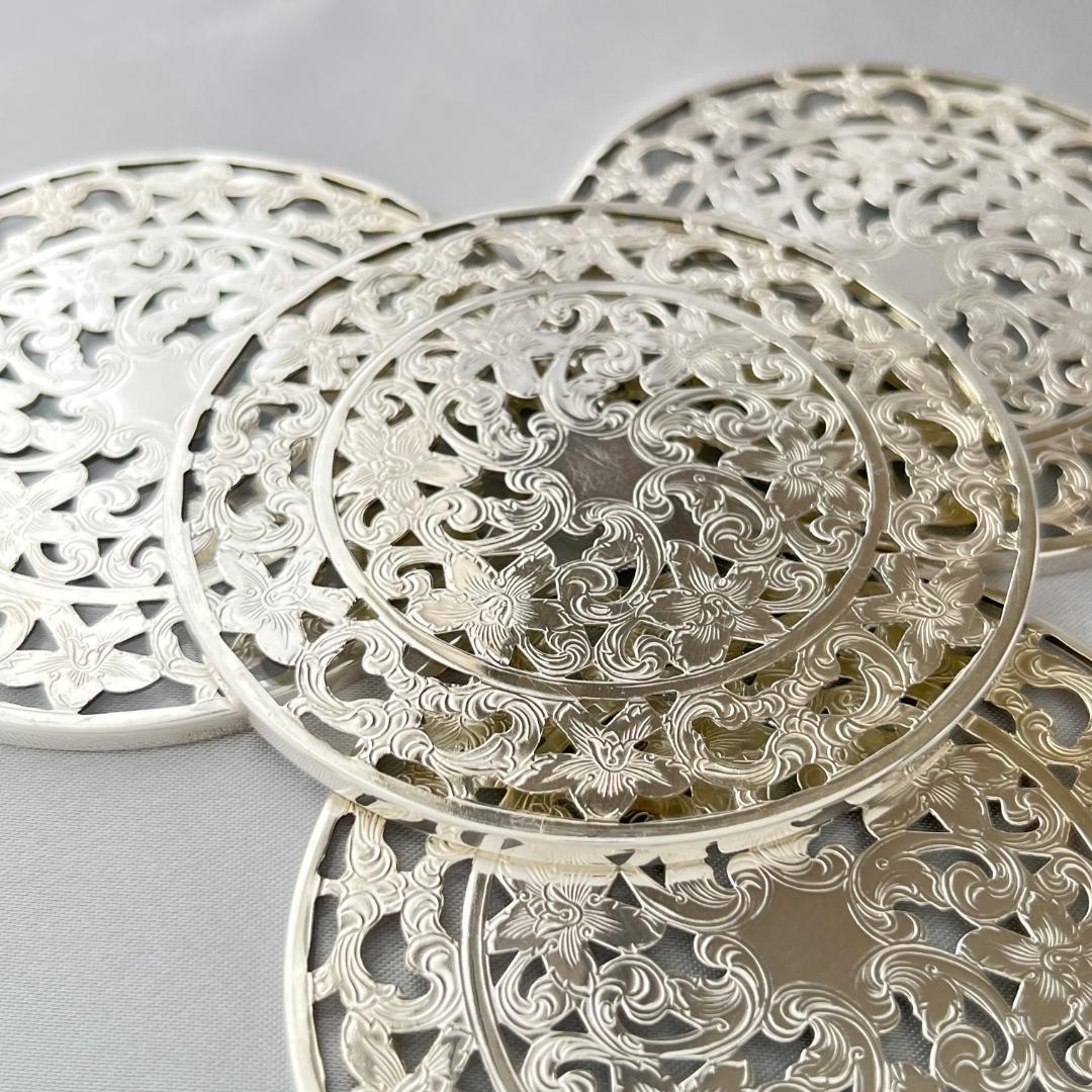 【WEBSTER】 【純銀 / ガラス】コースター 4枚 スターリングシルバー