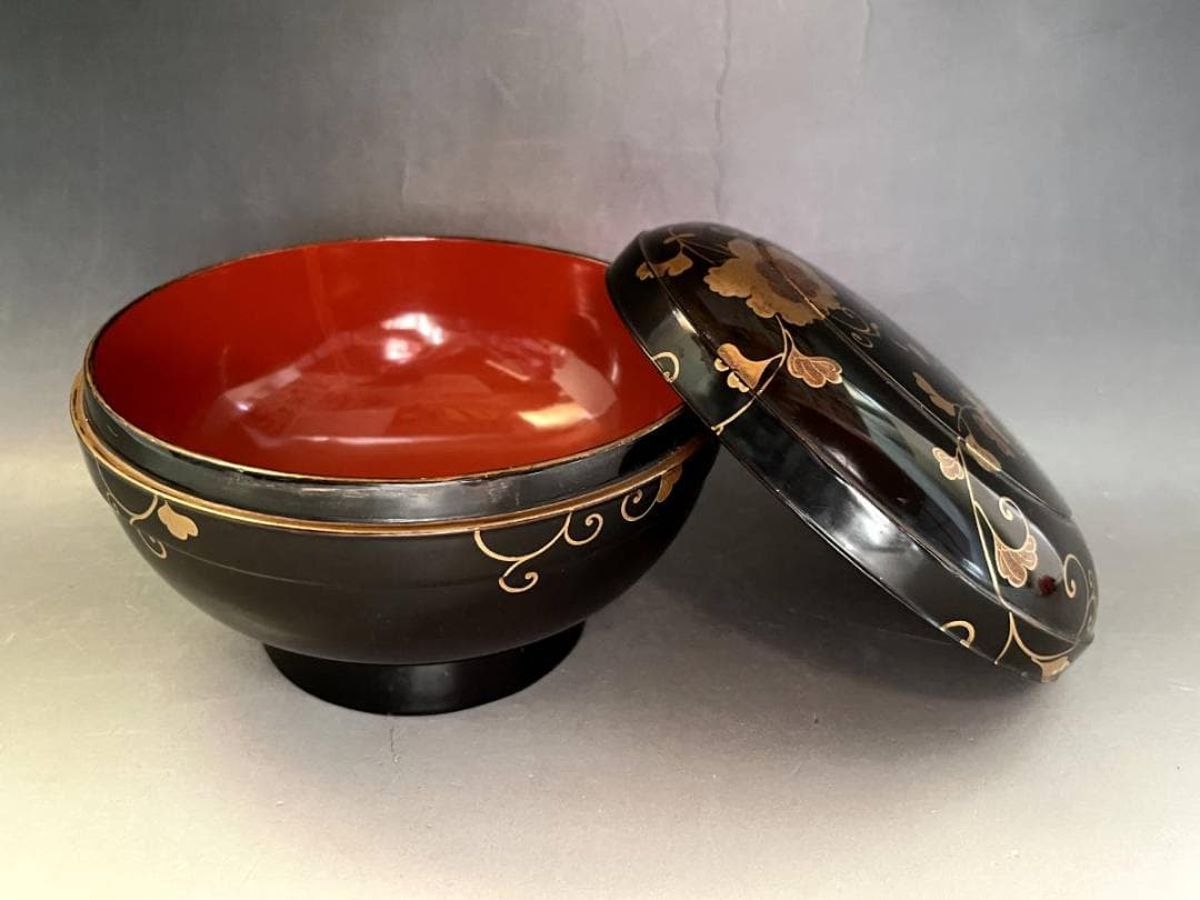 喰籠●黒塗り漆器総蔓薔薇紋蓋物（江戸期）盛器 盛鉢 菓子器 時代物 骨董品●