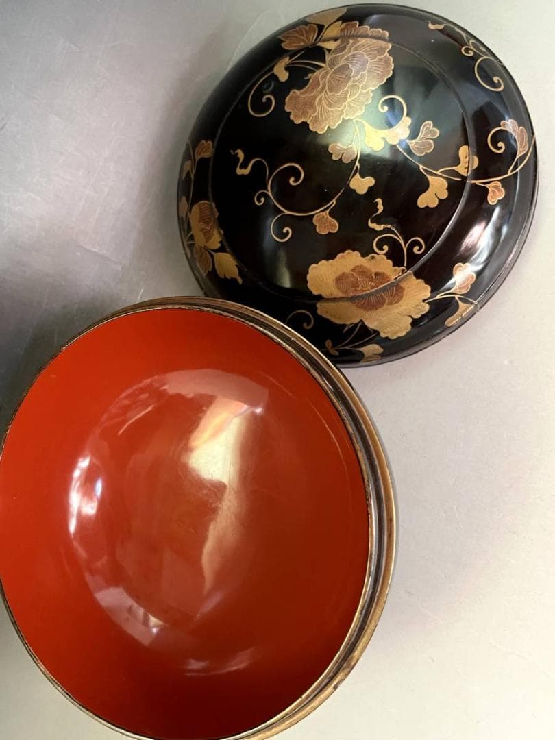 喰籠●黒塗り漆器総蔓薔薇紋蓋物（江戸期）盛器 盛鉢 菓子器 時代物 骨董品●