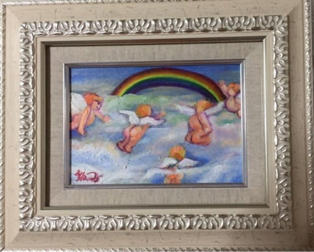 外箱額付き＊虹に向かう天使たちの群れvol.3＊額装油絵＊原画・サムホールサイズ