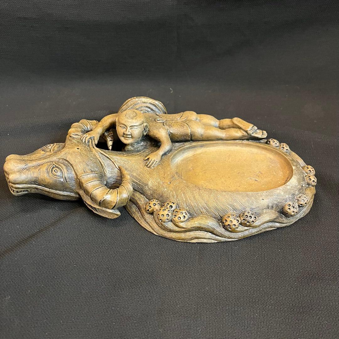 【未使用】 中国美術 硯 水牛唐人 龍 竜 澄泥硯