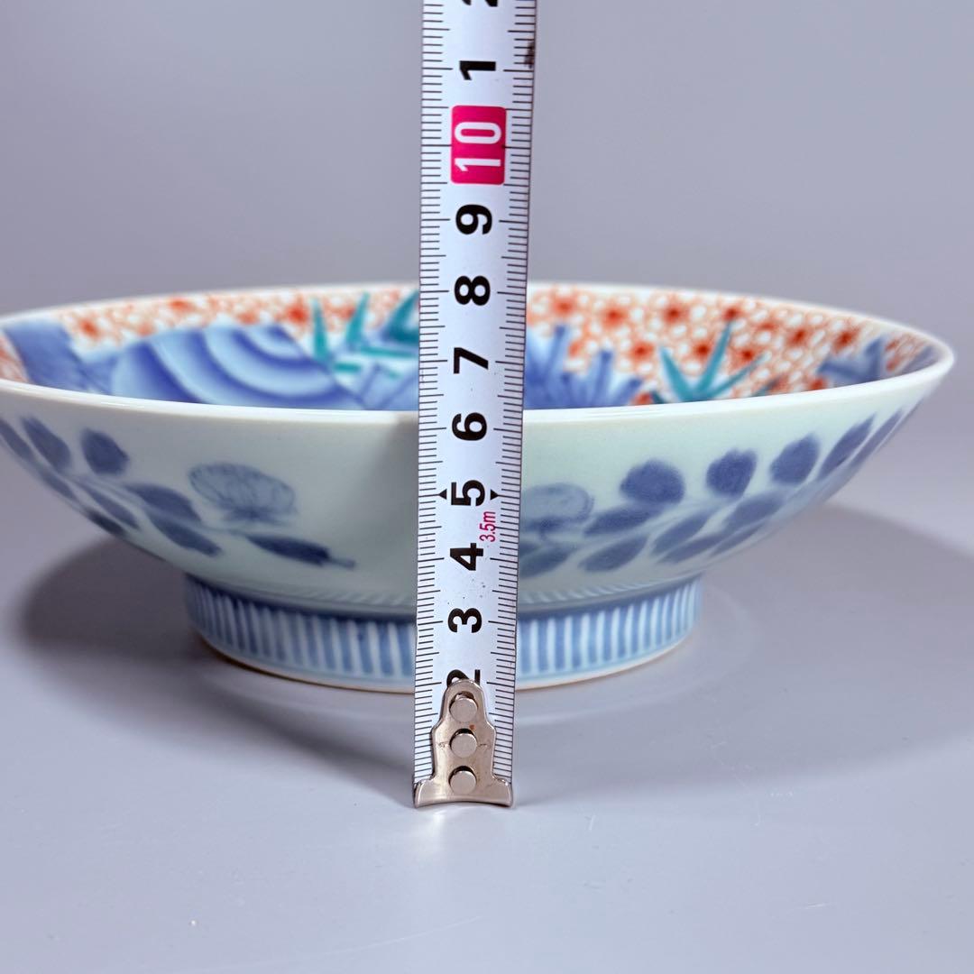 後期鍋島　献上品　色絵宝珠文高台皿　櫛文様高台　共箱　赤絵　桜文様