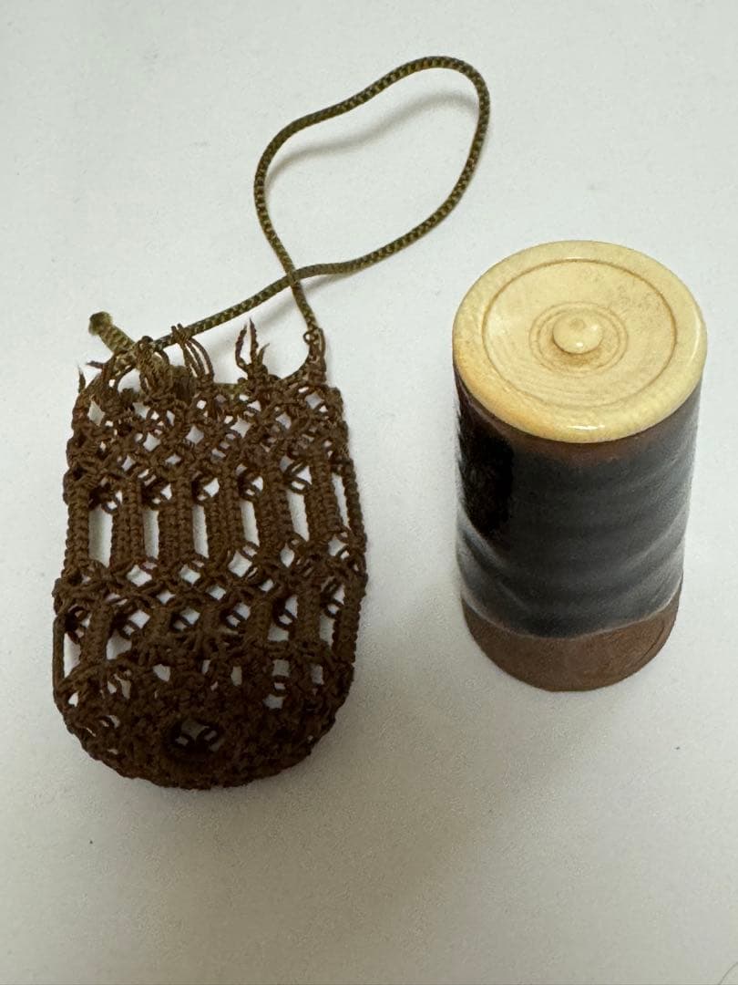 笹山焼 柿釉 筒茶巾筒（茶道具)・網袋・箱付