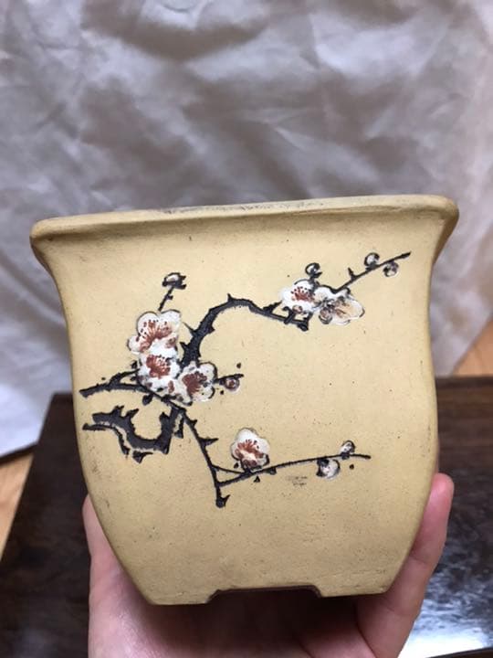 盆栽鉢　時代小品盆栽鉢白正方鉢梅図竹図中国