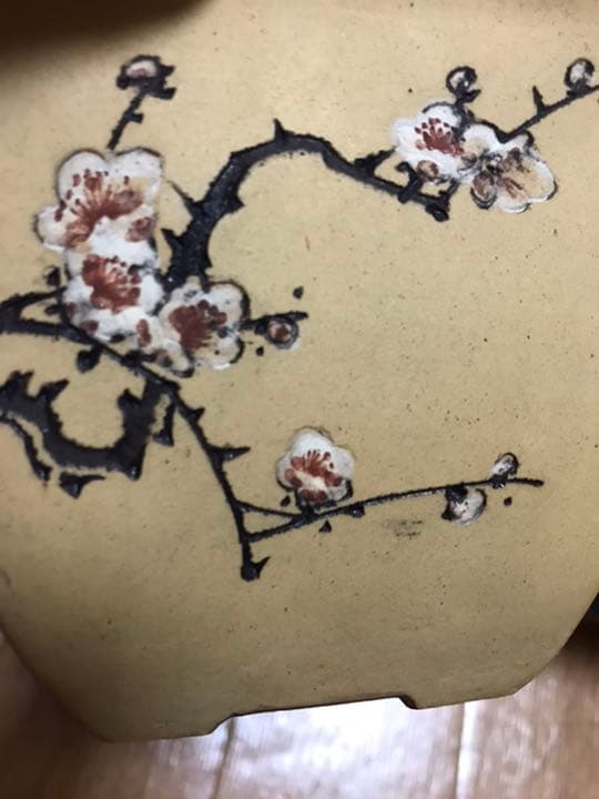 盆栽鉢　時代小品盆栽鉢白正方鉢梅図竹図中国