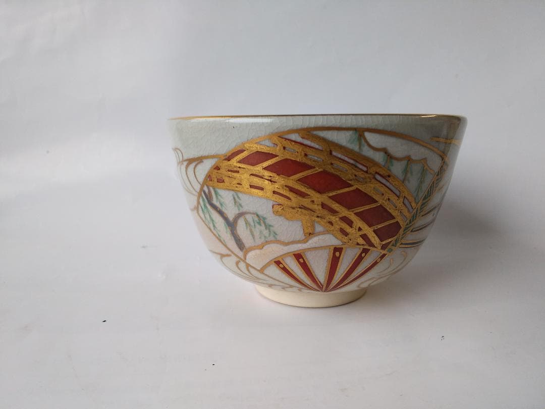 京焼 松香窯 加藤松香 作 仁清 扇面流し 共箱 茶道具 抹茶碗 新品 未使用