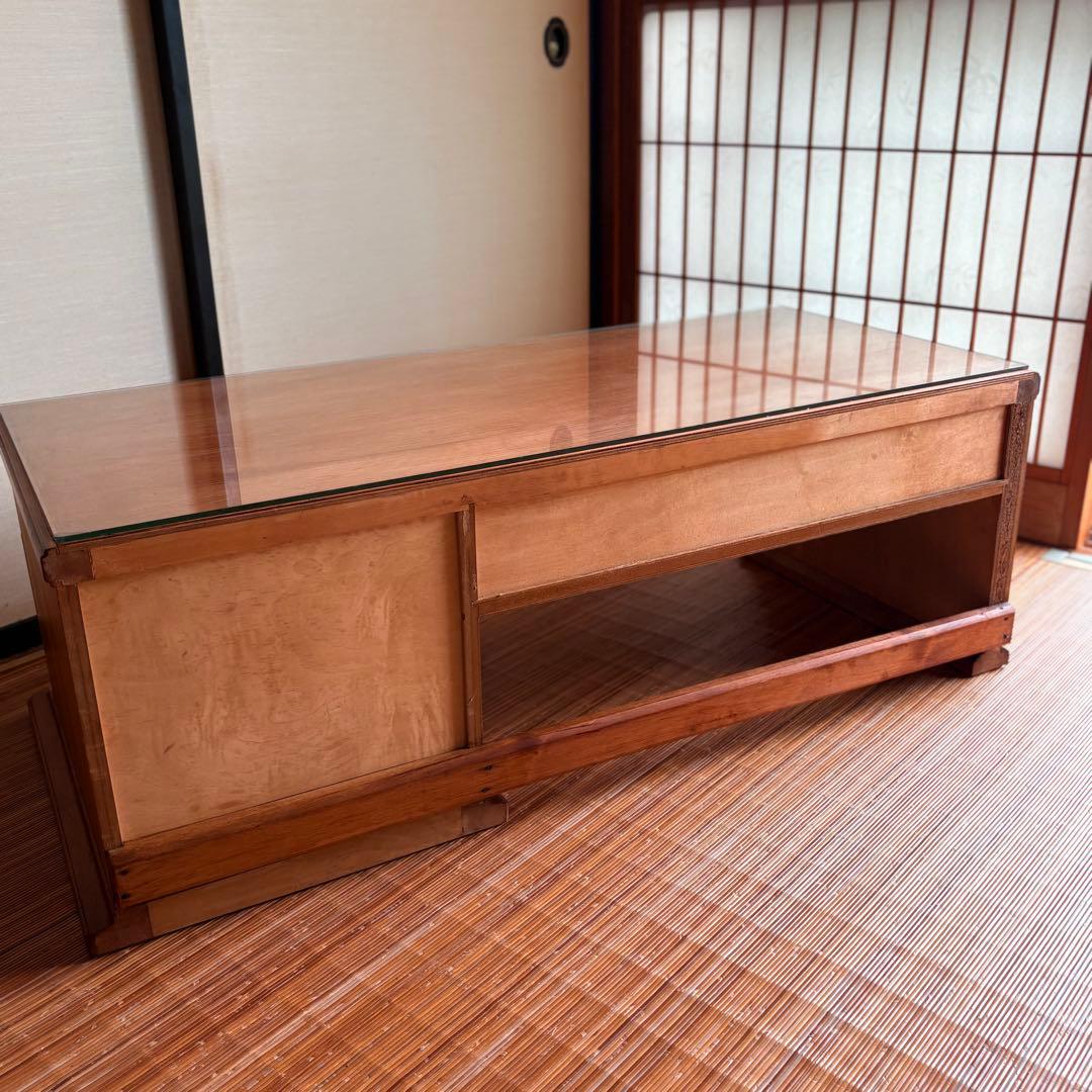 特注品【無垢材×ガラス天板】和モダン デスク ローテーブル 5杯 柿渋×蜜蝋