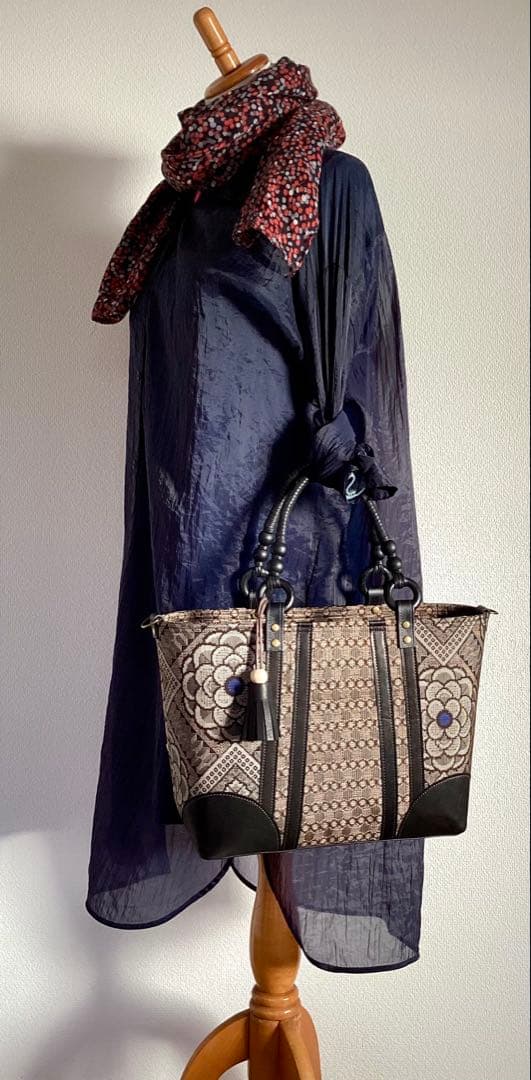 龍郷 大島紬 ×本革 着物リメイク トートバッグ 和装バッグ ハンドメイド Ａ4