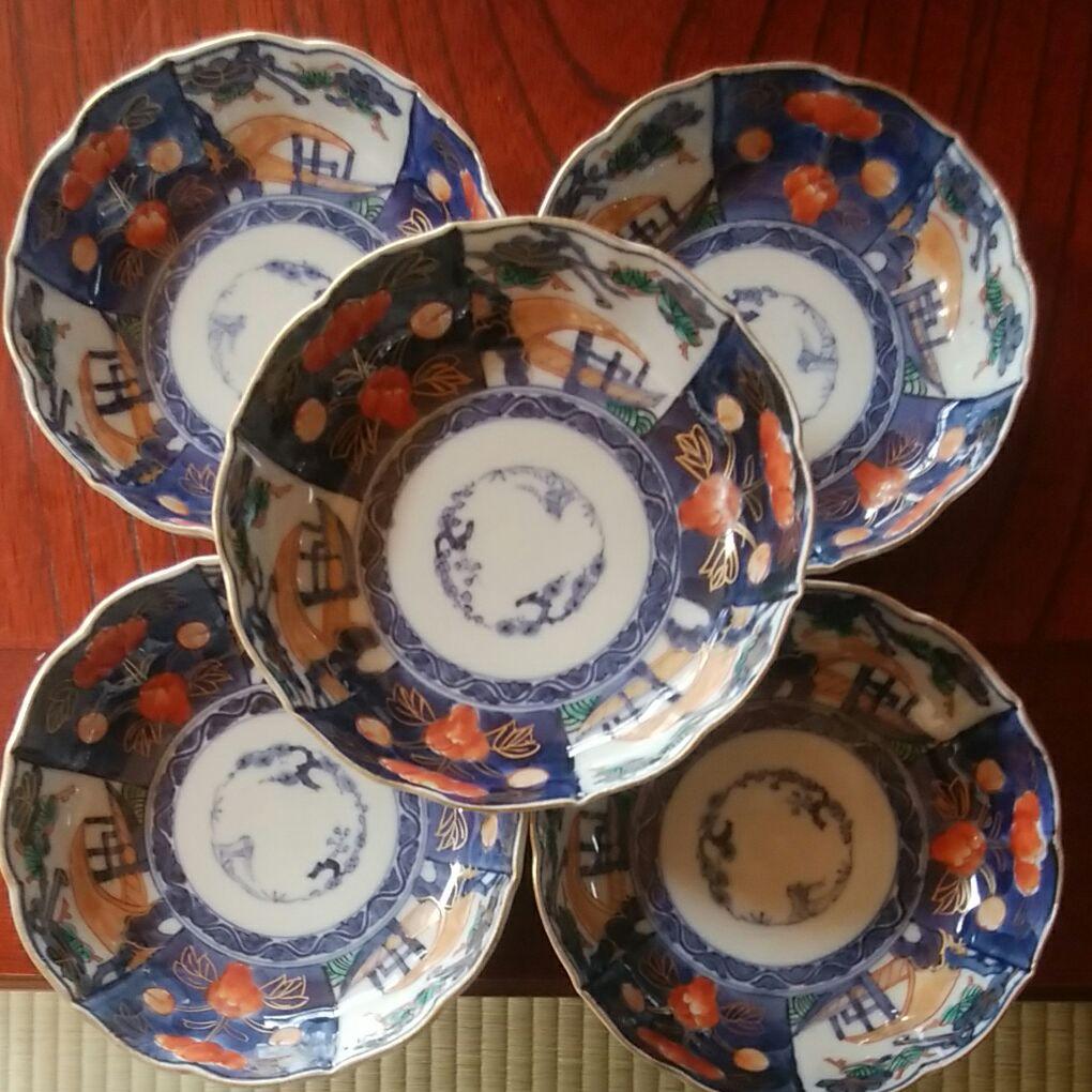 168  古伊万里　金採錦　輪花　膾皿　5客