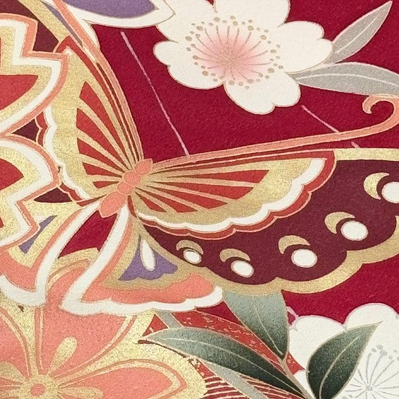 ゆりのはな　振袖　京友禅金彩加工　流水に蝶/さくら模様　赤色系　正絹　F306