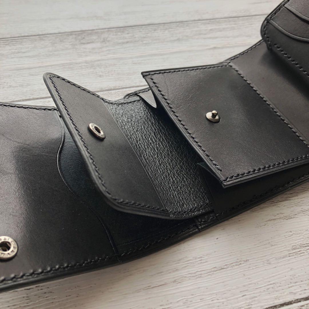 新喜皮革コードバン×サドルレザー 三つ折りミニウォレット 総手縫い ブラック