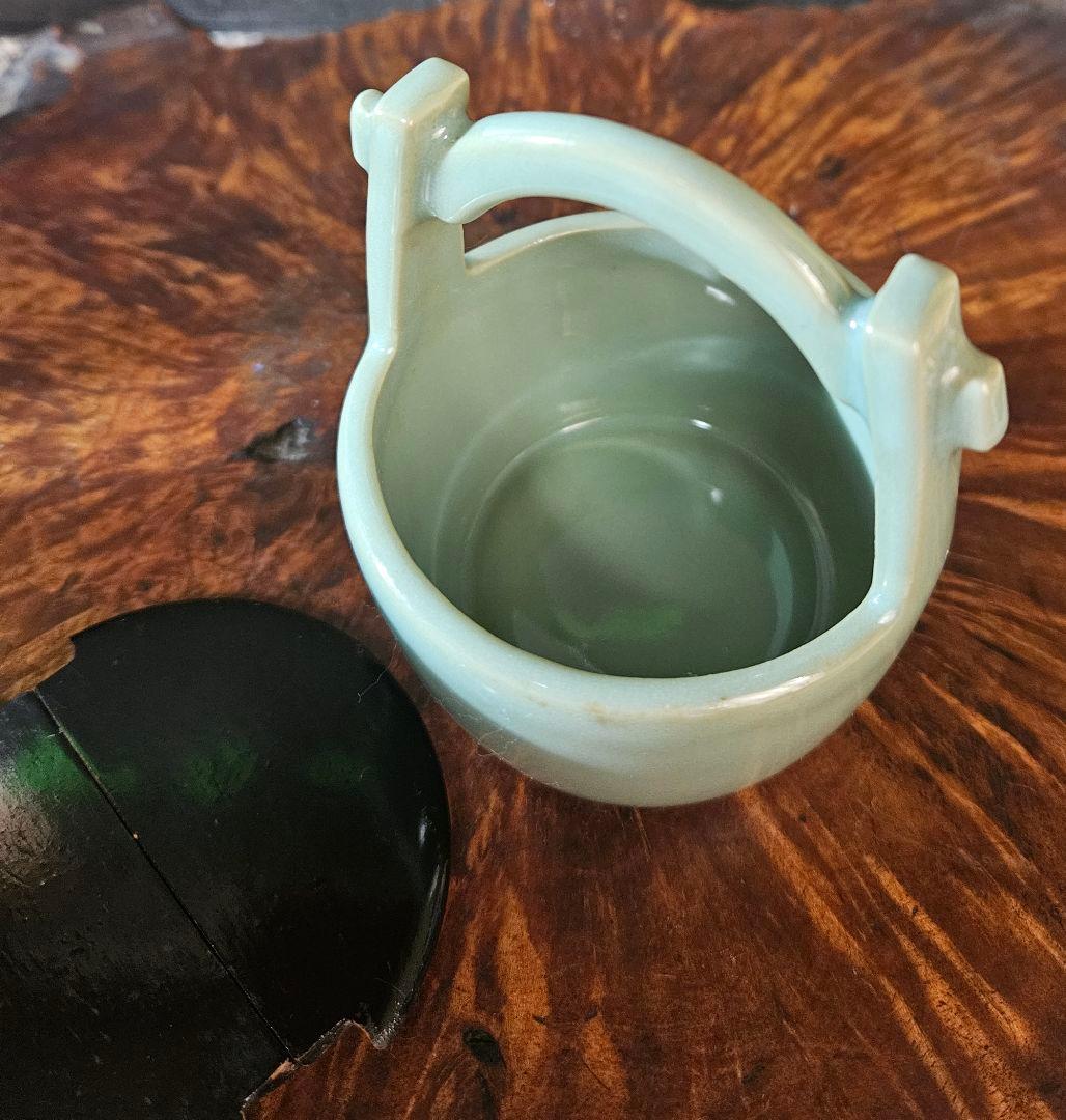 【時代古作品❗】手桶形　黒漆塗り蓋付 青磁　茶入れ　茶道具　茶器　桐箱付き