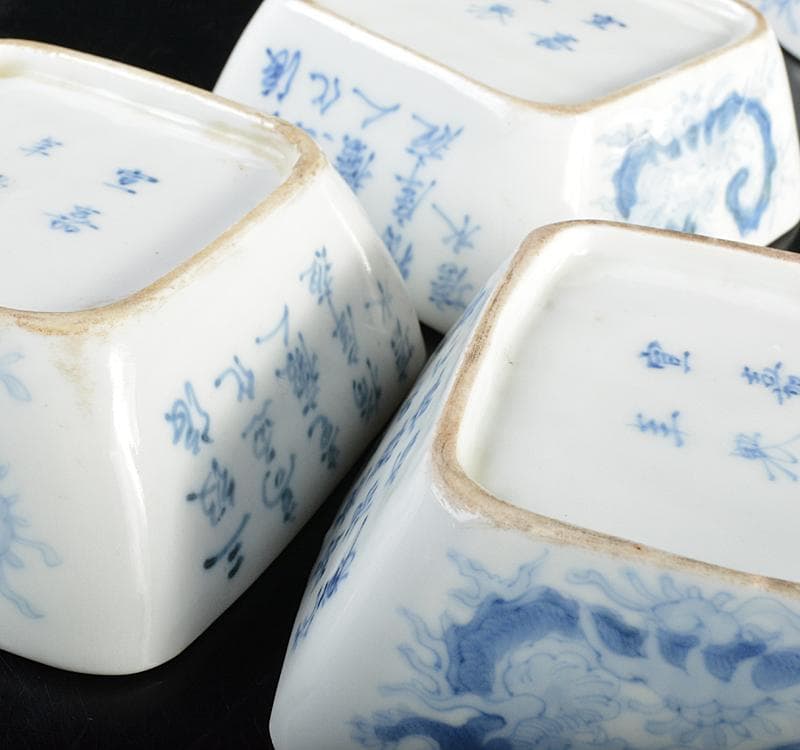 中国　宣嘉年製款　青花　漢詩山水雲龍文　四方小鉢　5客　M R4632