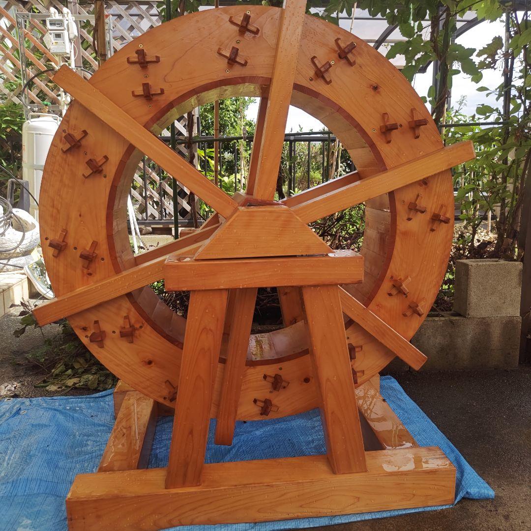 手作り 木製水車 庭園 和風 オブジェ 置物 完動品　90㌢