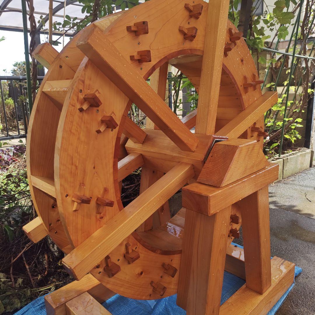 手作り 木製水車 庭園 和風 オブジェ 置物 完動品　90㌢