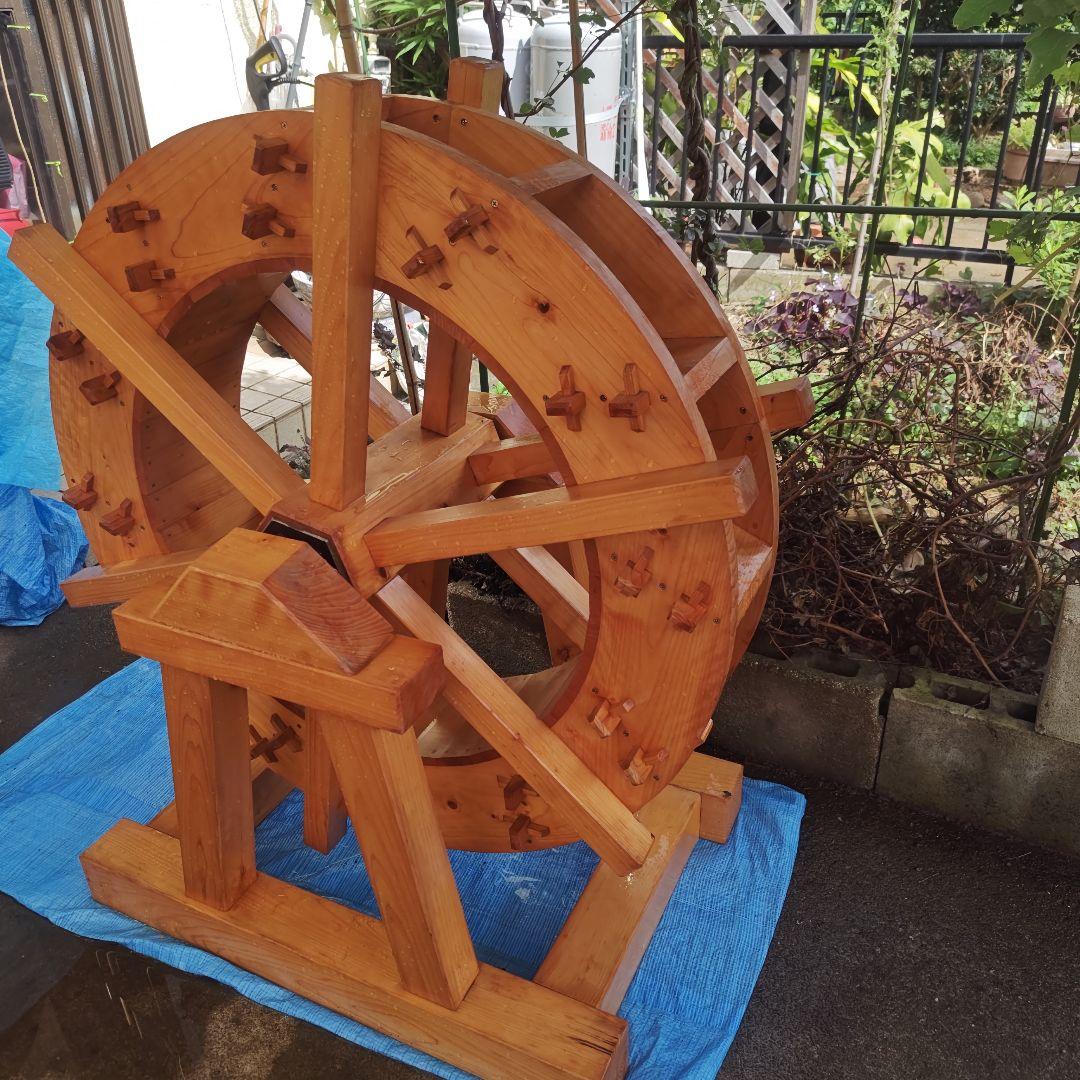 手作り 木製水車 庭園 和風 オブジェ 置物 完動品　90㌢