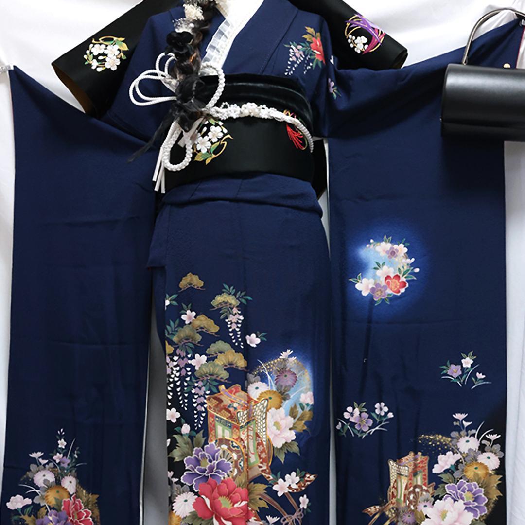 ◆ 振袖6点セット ◆丈169cmフルセット紺色成人式正絹前撮り卒業式40Am
