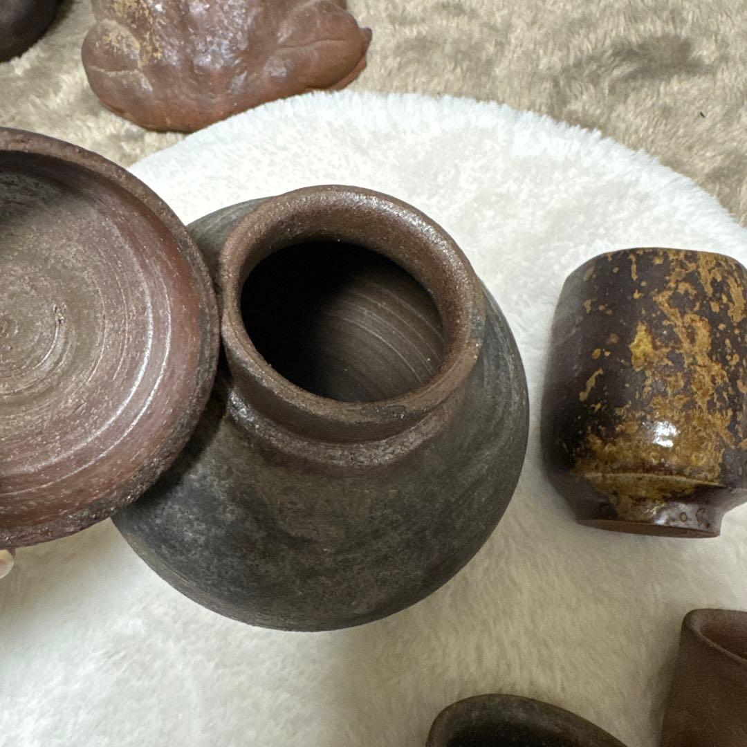 美品　備前焼　蓋付き壺　ぐい呑み2個　湯呑み1個　陶器4点セット