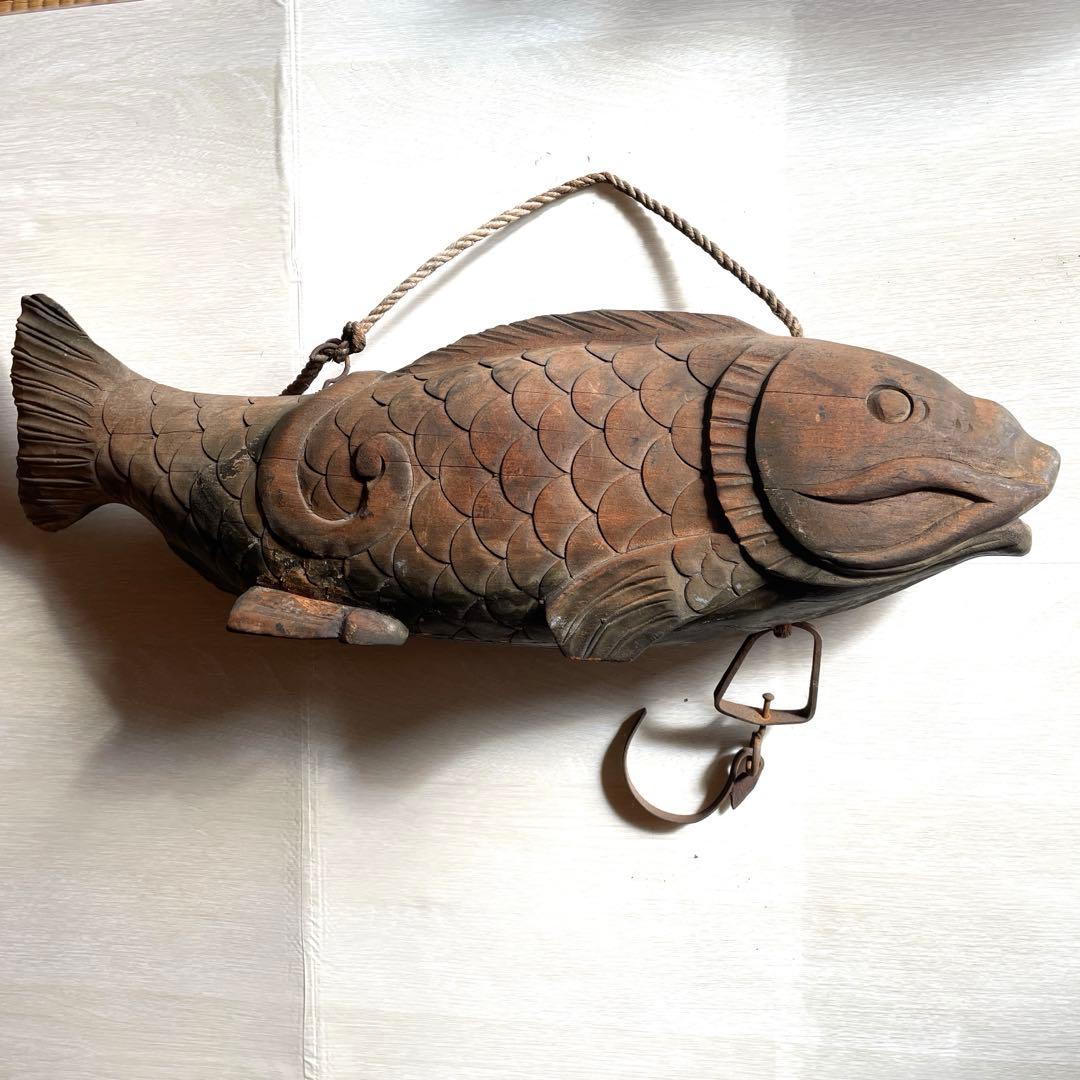 自在鉤 鯉 木彫り 古民具 アンティーク インテリア　和インテリア　昭和レトロ