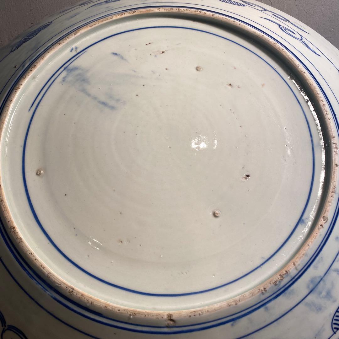 骨董品 古伊万里 40.5cm染付大皿 ベロ藍 山水画 花鳥文 江戸後期