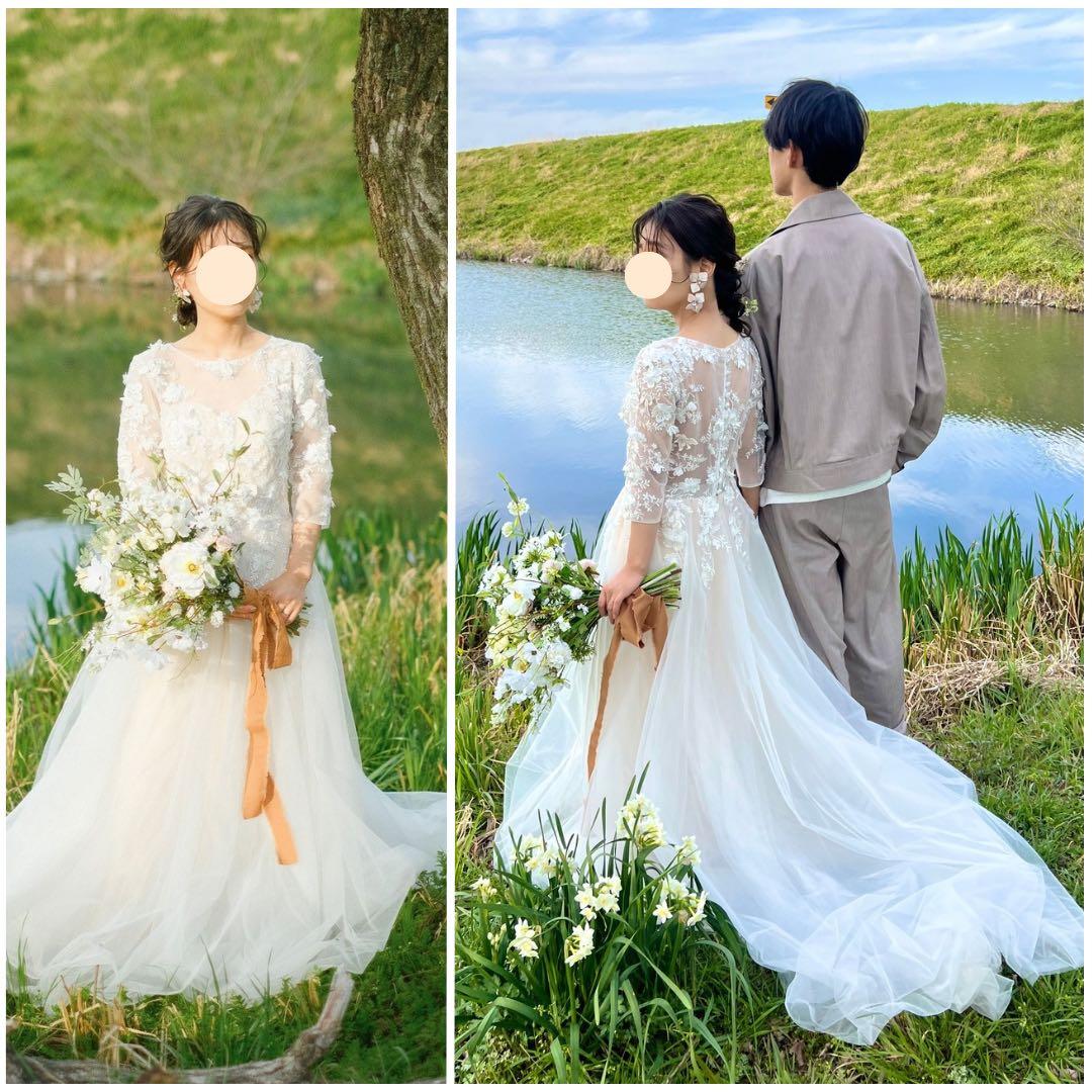 ウェディングドレス フラワーモチーフ刺繍長袖 Aライン