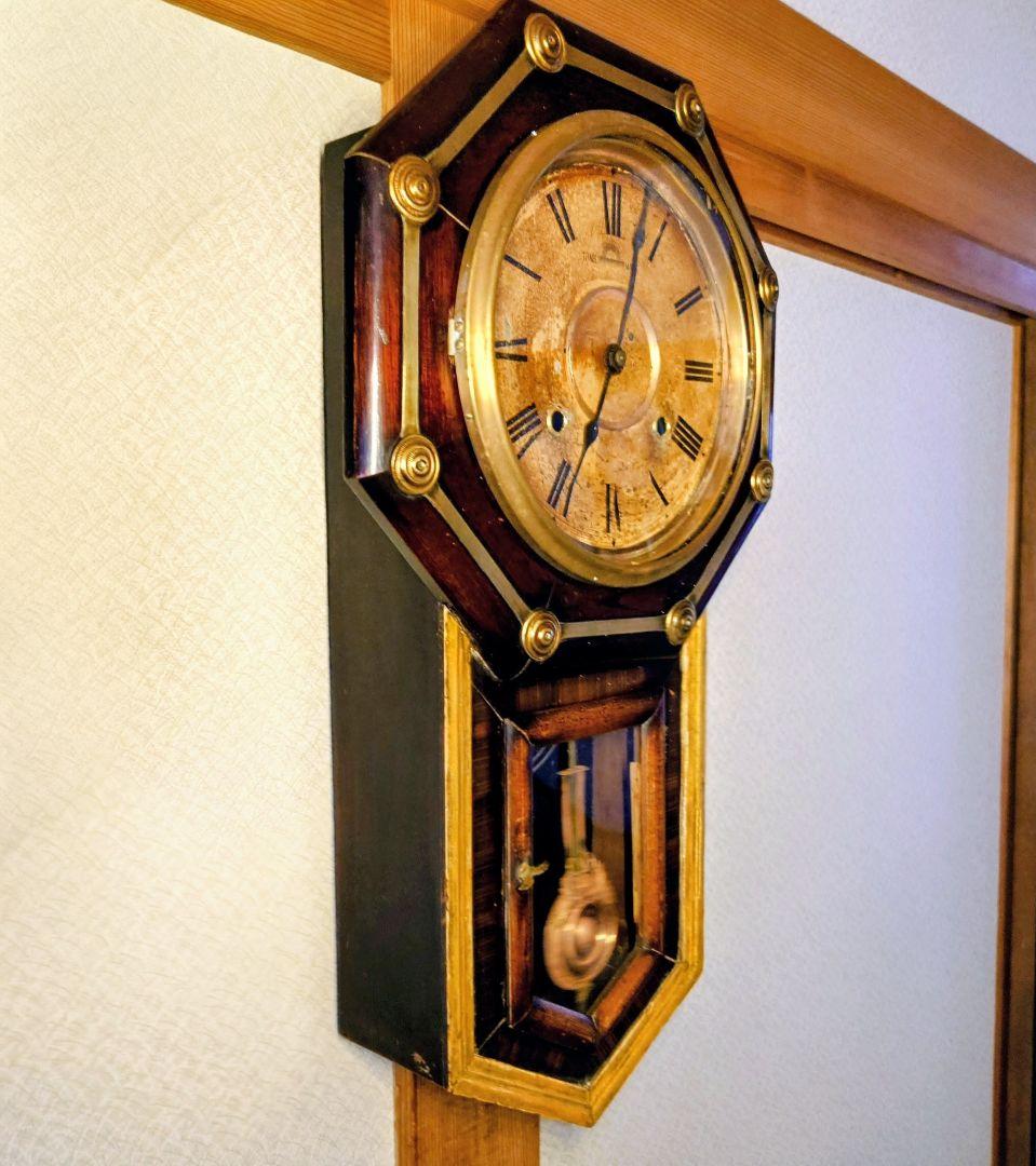 〈完動・美品〉北出時計　鋲打八角尾長ゼンマイ振り子時計　アンティーク古時計