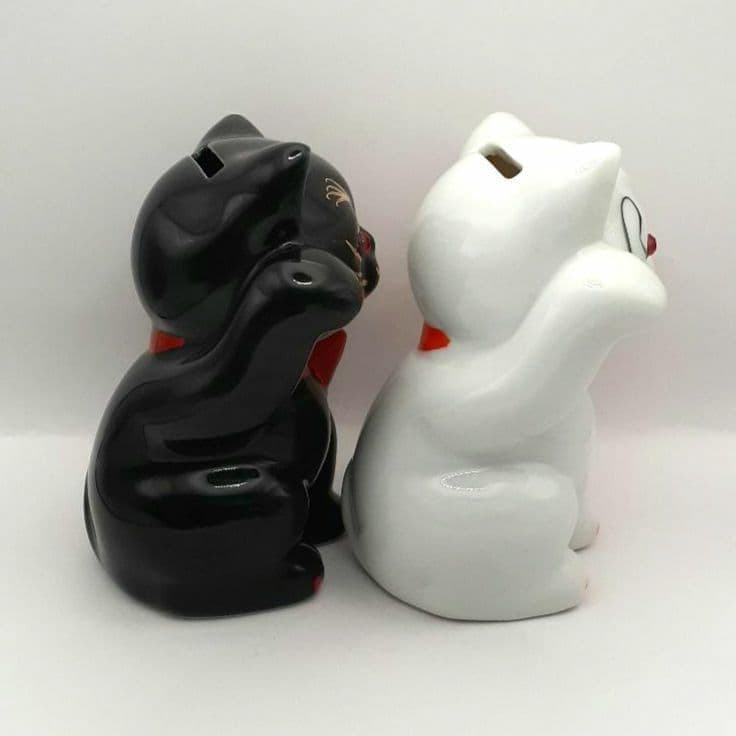 95 東海銀行ノベルティ 陶器製 リボン猫 貯金箱 2体セット 白黒 非売品