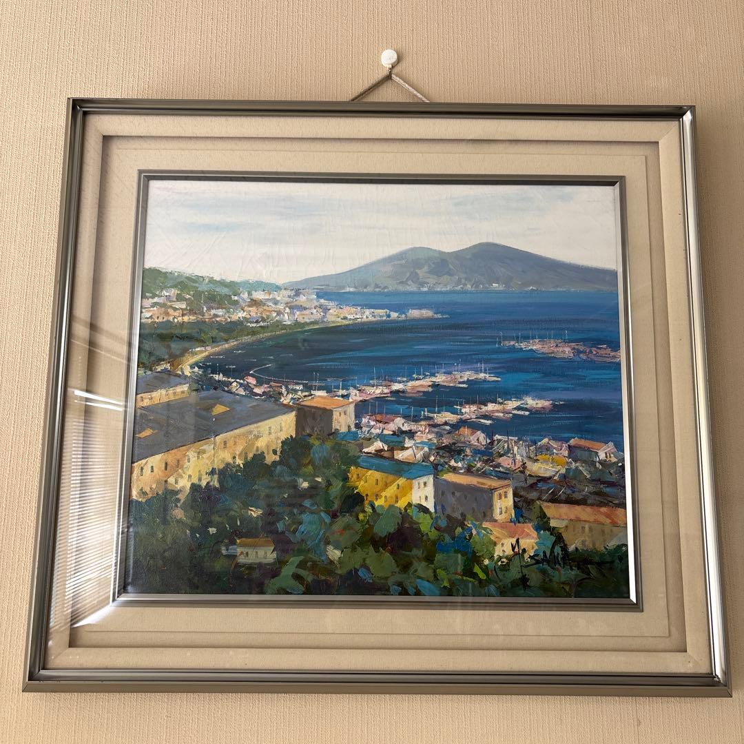 油彩画 海と山の風景 シルバーフレーム