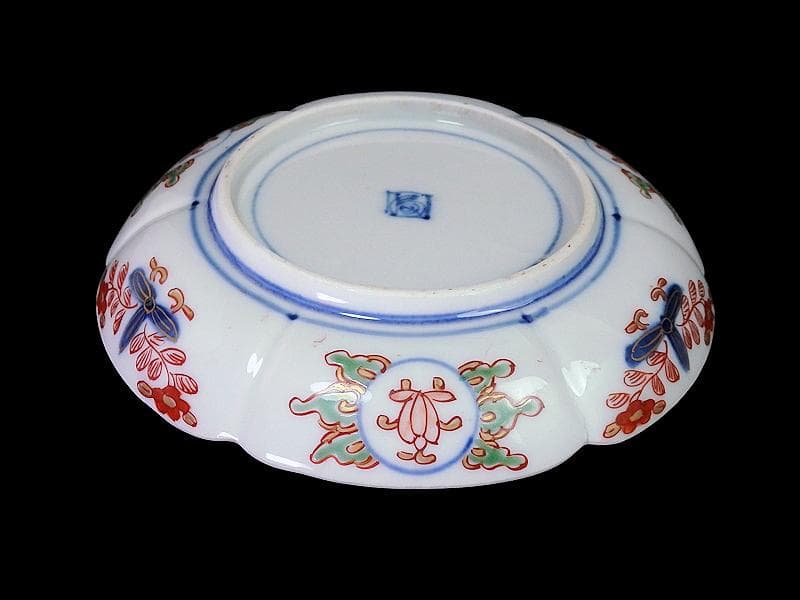 大聖寺伊万里　金襴手　菊に柘榴　松竹梅の図　輪花４寸皿２枚　E638AS-DCh