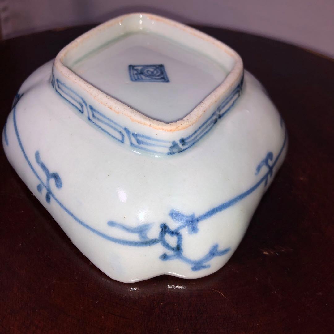 古伊万里染付　桜花楼閣山水文隅入菱形皿　型紙擦り