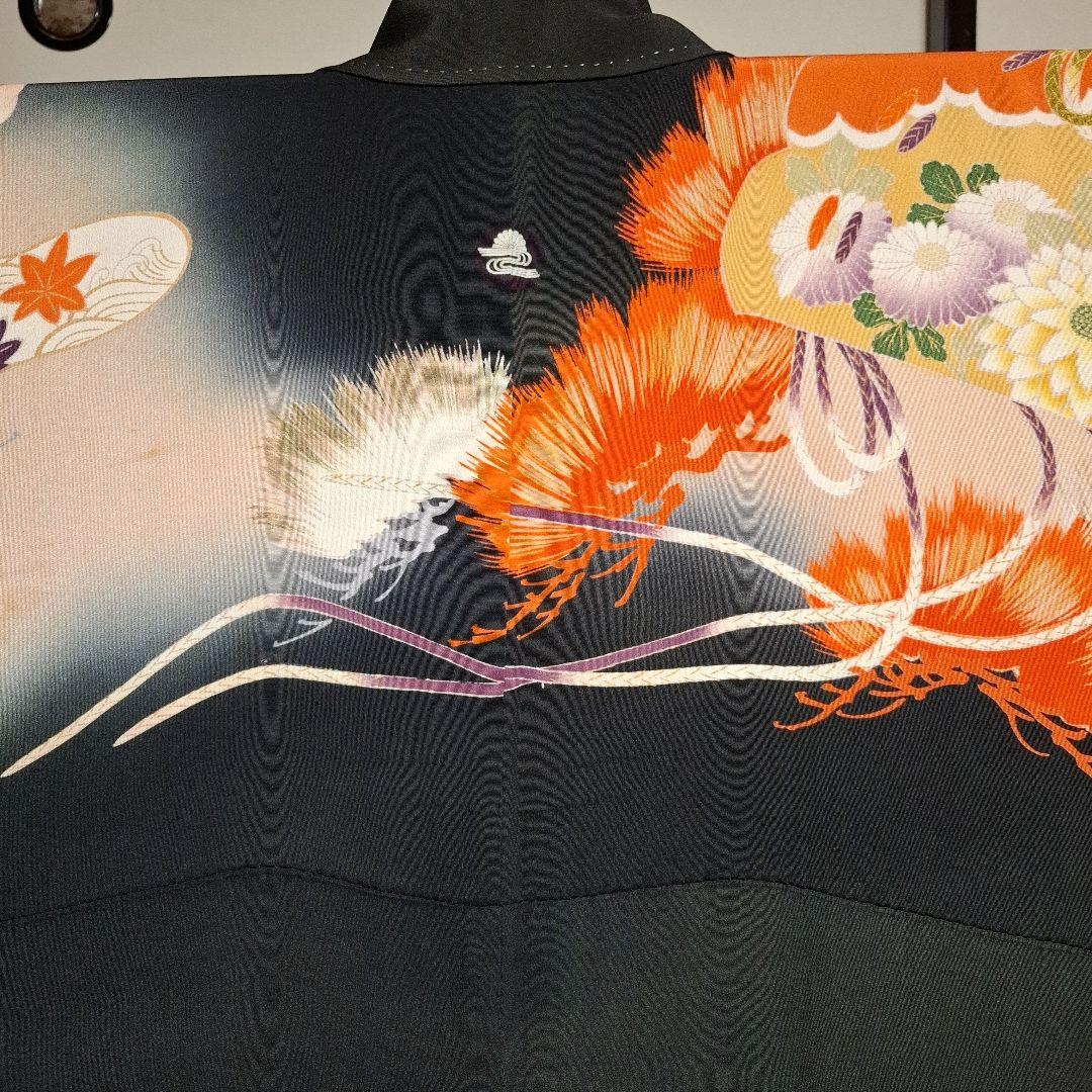 振袖 黒とオレンジ 松と花模様 帯付き