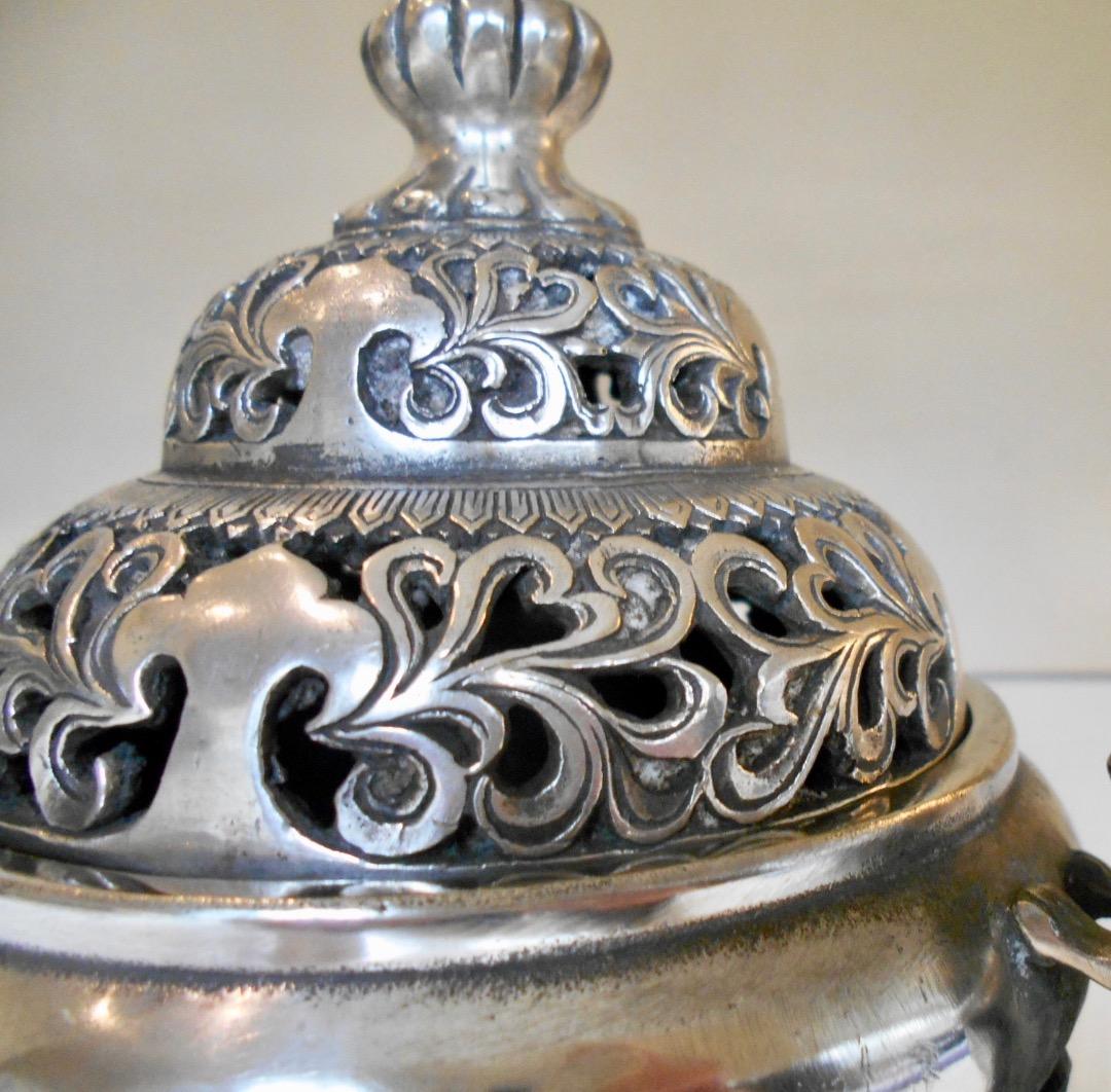 銀製の香炉！中国装飾の豪華 白銅に銀メッキ 在銘あり 古もの