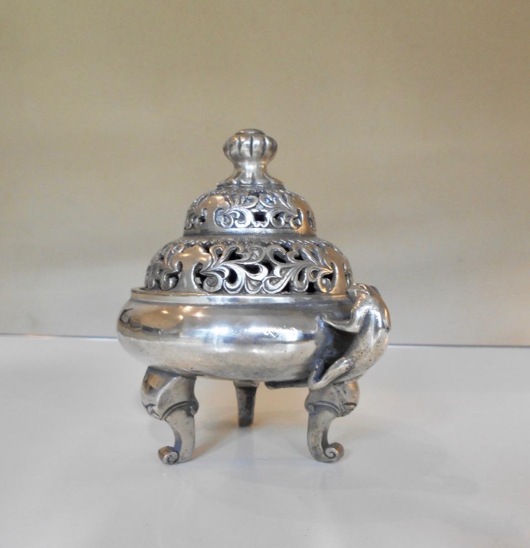 銀製の香炉！中国装飾の豪華 白銅に銀メッキ 在銘あり 古もの