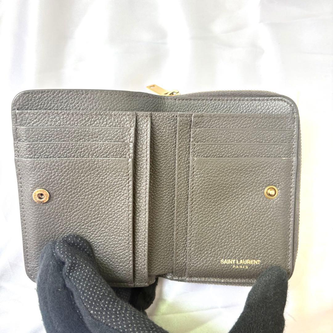 美品✨サンローラン 折り財布 ジップウォレット カサンドラロゴ レザー グレー