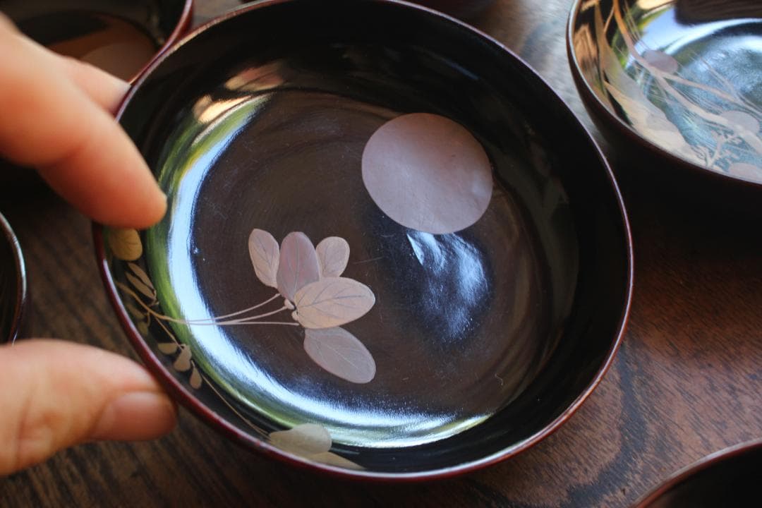 ばら売り可！時代内黒溜塗に優美な月蒔絵の映える小皿8点（検輪島塗蒔絵皿銘々皿