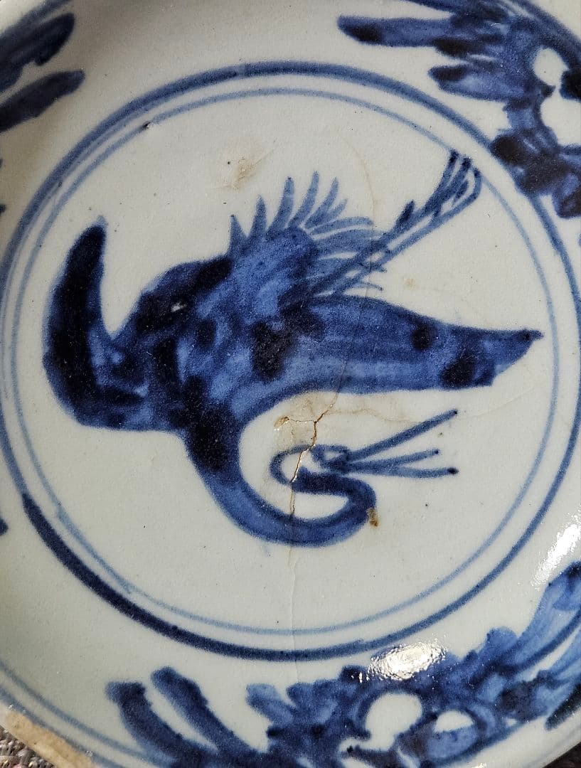 【名品古伊万里❗05】江戸時代初期　 初期伊万里　染付鶴図　12.8cm皿